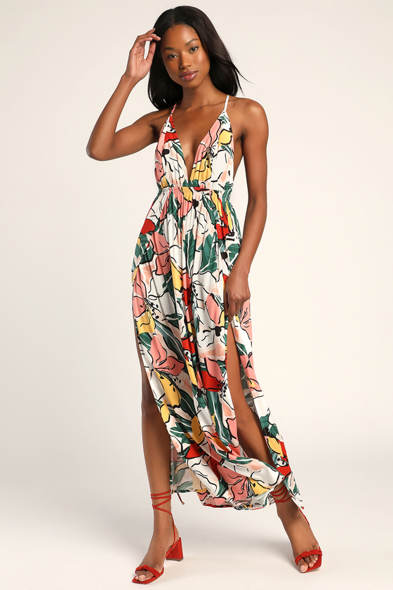 White Tropical Maxi Dress - Backless ...